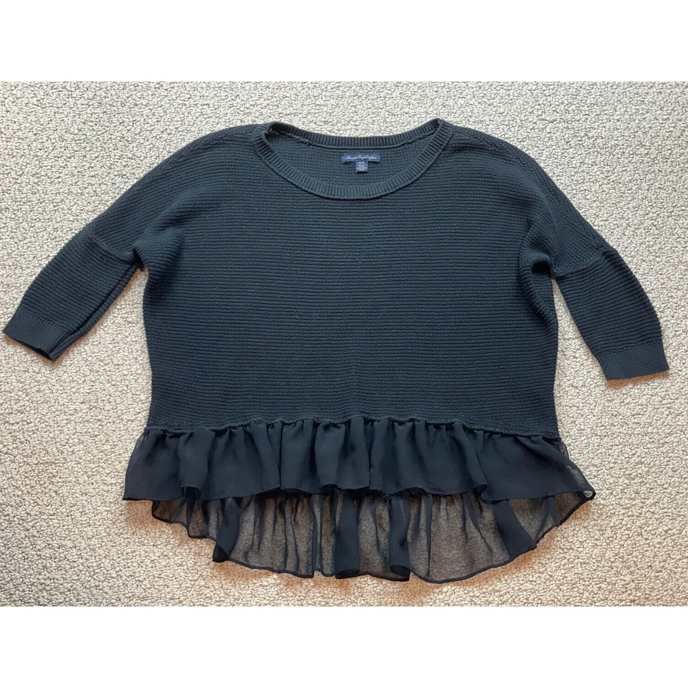 American Eagle Small Black 3/4 Length Sleeve Layered Look Hi Low‎ Sweater, Sz XS
